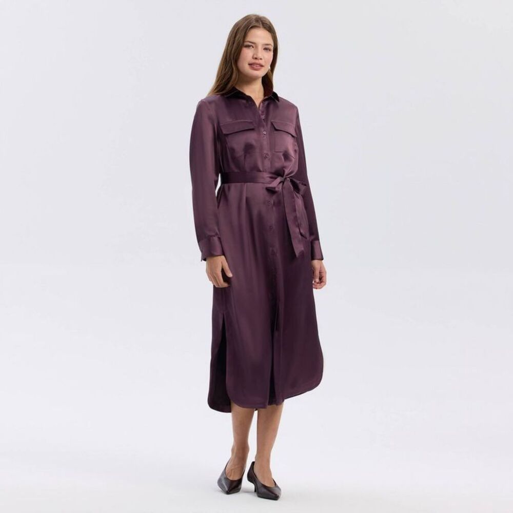A New Day - Women's Long Sleeve Belted Satin Midi Shirtdress - Red - Picture 1 of 3